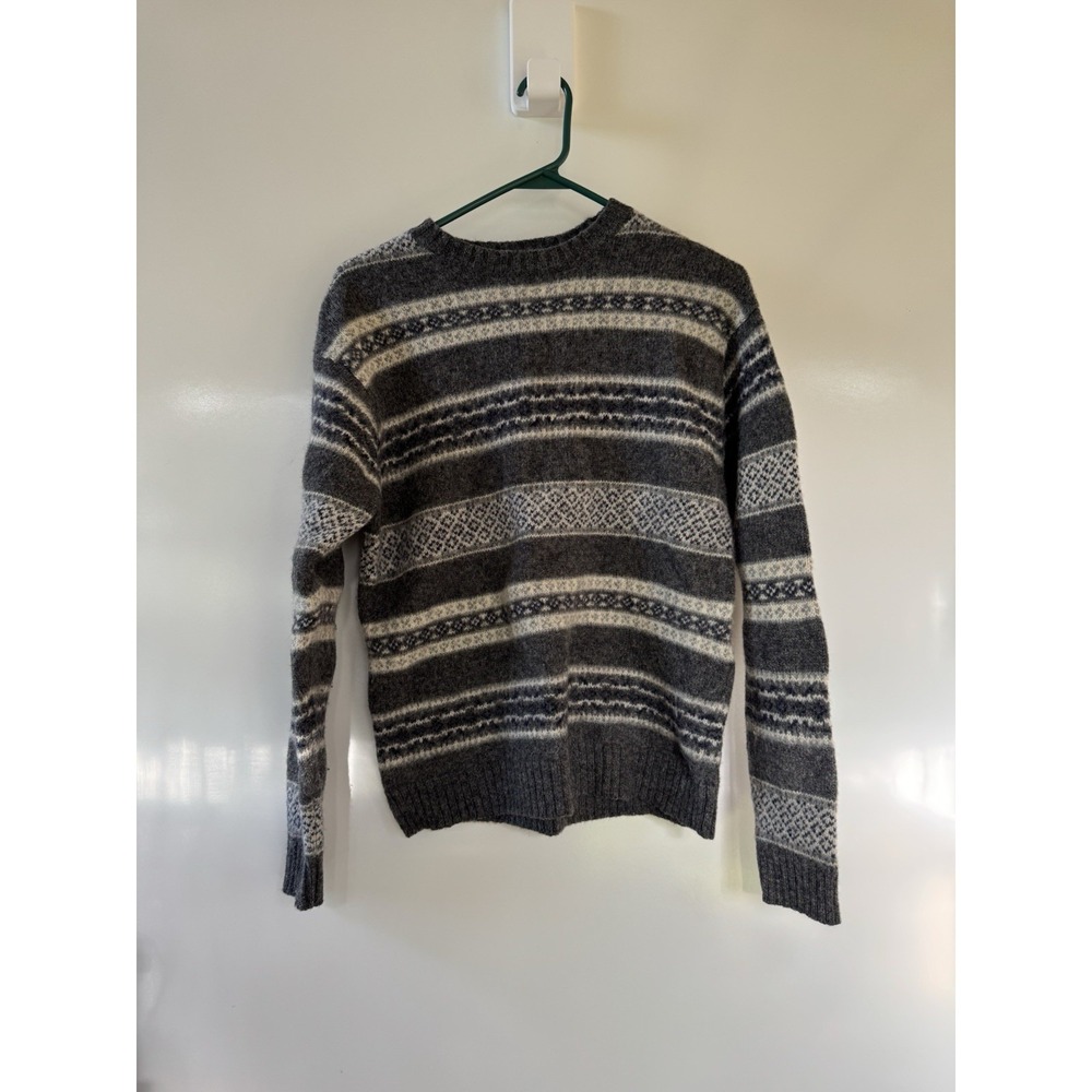 Vintage Old‎ Navy Women's Small 100% Lambswool Shaggy Gray Blue Striped Outdoors